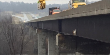 Guindaste resgata cabras em ponte com mais de 30 metros de altura